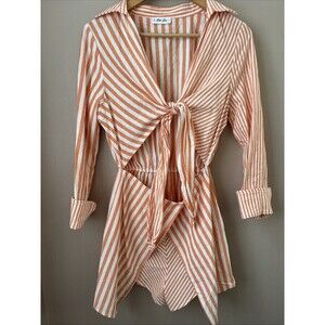 Petal Dew Orange White Striped Tie Waist Romper Long Sleeve M